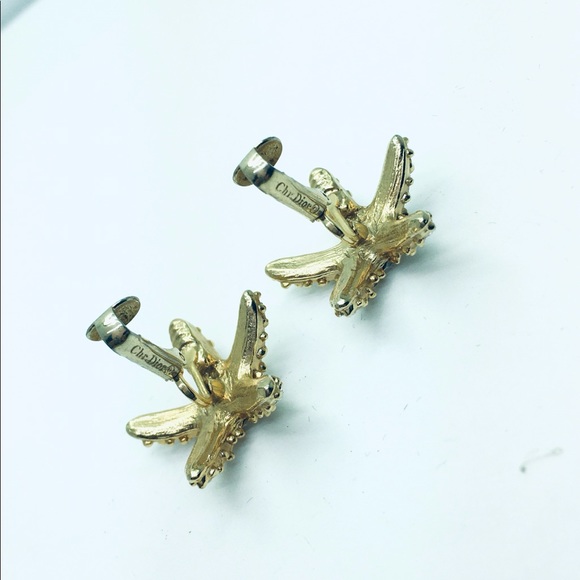 Vintage signed Christian Dior crystal starfish screw back earrings goldtone - Picture 5 of 6